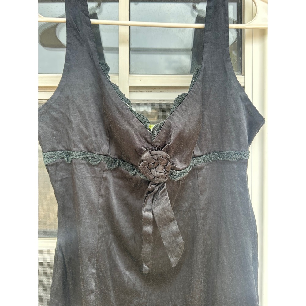 Vintage Bebe Black Satin Lace‎ Trim Rosette Empire Waist Mini Dress Y2K Coquette - Picture 12 of 15